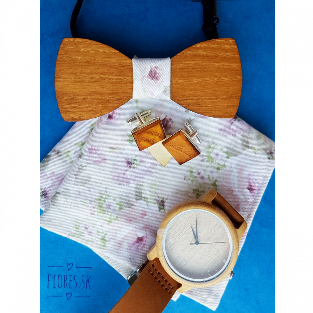 Elegantný drevený set - motýlik hodinky manžetové gombíky vreckovka 2